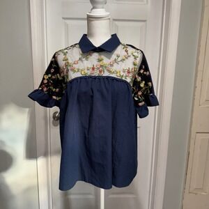 Shein Navy Blue Floral Embroidered Sheer Top Tie Back Blouse‎